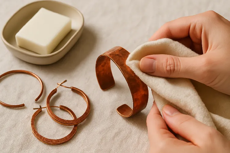 Cleaning copper jewelry with care to maintain shine. Cleaning copper jewelry with care to maintain shine.