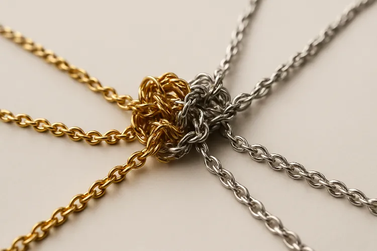 Friction between delicate metal chains causing tangling. Friction between delicate metal chains causing tangling.