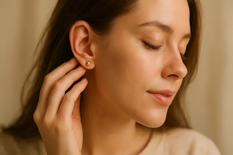 Excited woman caring for her new ear piercing. Excited woman caring for her new ear piercing.