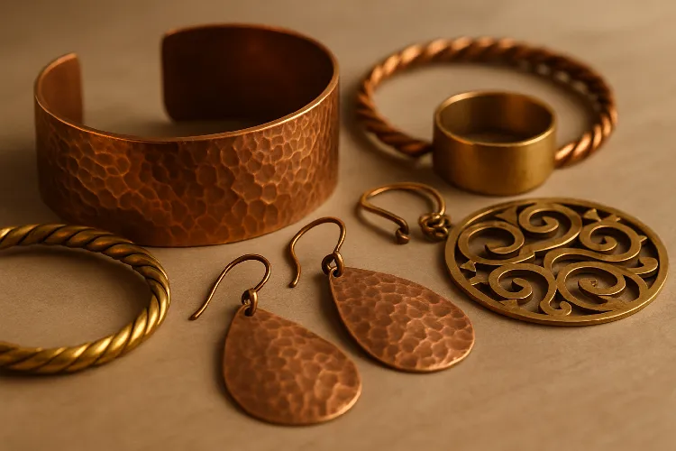 Copper and brass jewelry pieces showcased in an elegant setup. Copper and brass jewelry pieces showcased in an elegant setup.