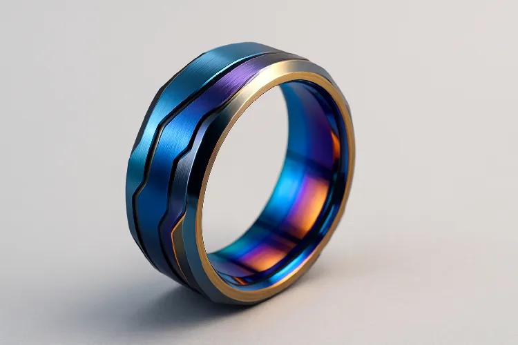 Futuristic titanium ring with vibrant colors.