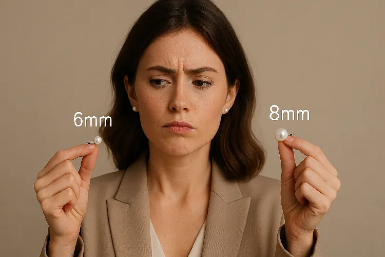 Woman making a decision between 6mm and 8mm earrings for the perfect look. Woman making a decision between 6mm and 8mm earrings for the perfect look.