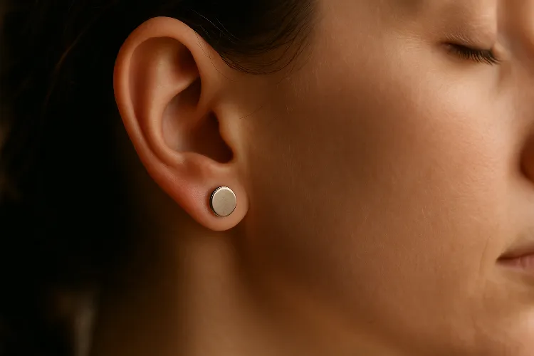 Close-up of titanium stud earring for better healing. Close-up of titanium stud earring for better healing.