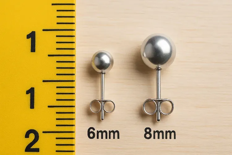 Measuring 6mm and 8mm earrings to demonstrate size difference. Measuring 6mm and 8mm earrings to demonstrate size difference.