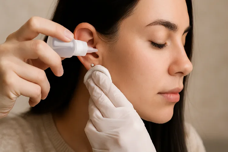 Cleaning a new ear piercing with saline solution. Cleaning a new ear piercing with saline solution.
