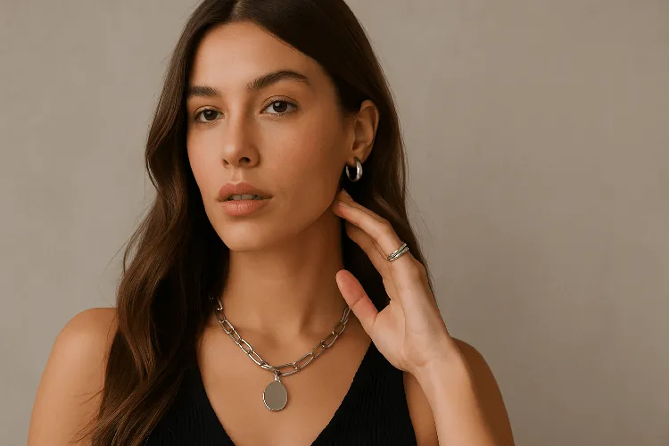 Stylish woman showcasing durable stainless steel jewelry Stylish woman showcasing durable stainless steel jewelry