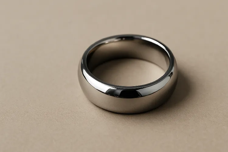 Close-up of a shiny titanium ring.