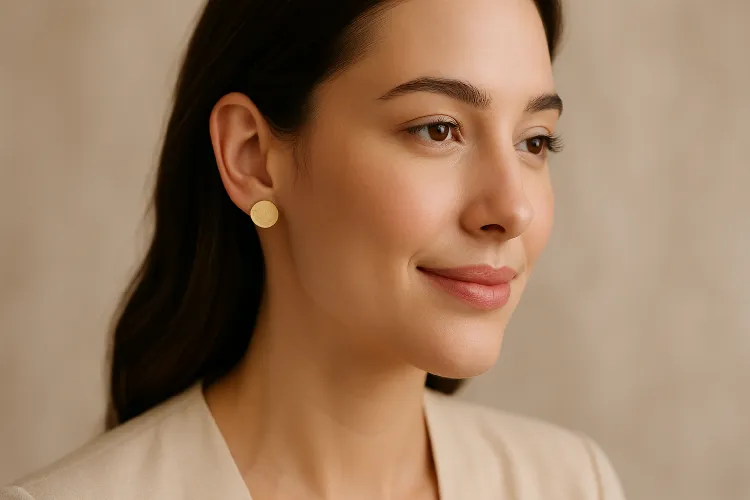 Elegant model showcasing 12mm earrings for a subtle, everyday look. Elegant model showcasing 12mm earrings for a subtle, everyday look.