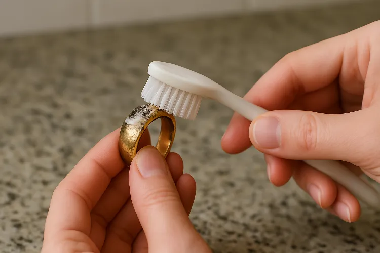 The gold ring is visibly dark and is being brushed lightly with a baking soda paste and a soft brush The gold ring is visibly dark and is being brushed lightly with a baking soda paste and a soft brush