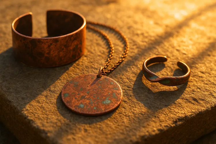 Copper jewelry aging under sunlight, forming patina.