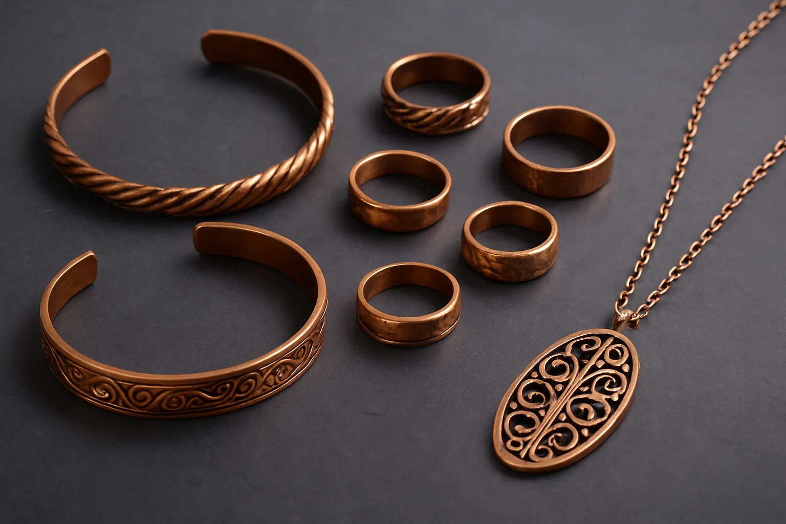 Copper jewelry collection showcasing rings, bracelets, and necklaces in warm, earthy tones.