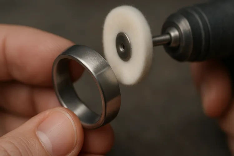 Polishing a scratched titanium ring to restore its surface. Polishing a scratched titanium ring to restore its surface.