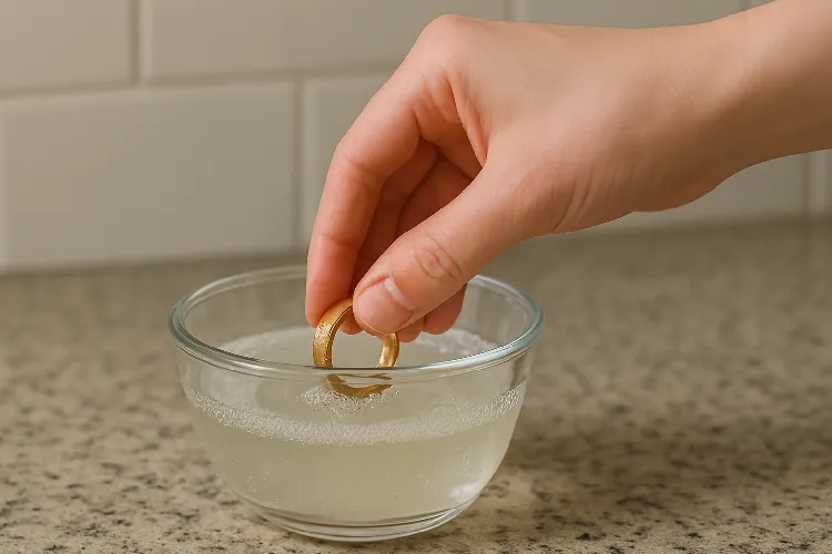 With one hand, soak the jewelry in a mixture of white vinegar and ammonia With one hand, soak the jewelry in a mixture of white vinegar and ammonia