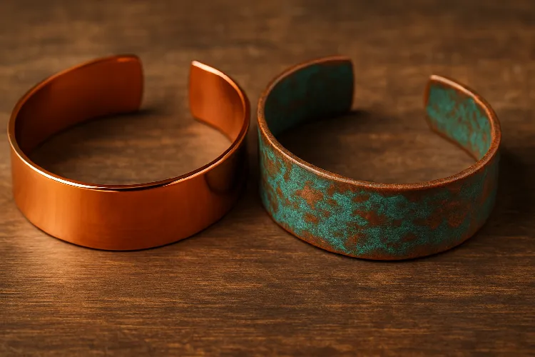 Comparing shiny and patina copper jewelry. Comparing shiny and patina copper jewelry.