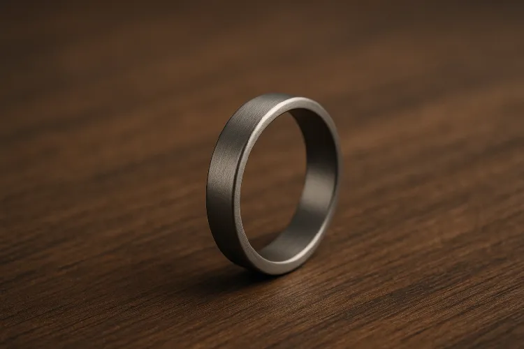 Minimalist titanium wedding band representing lasting beauty.