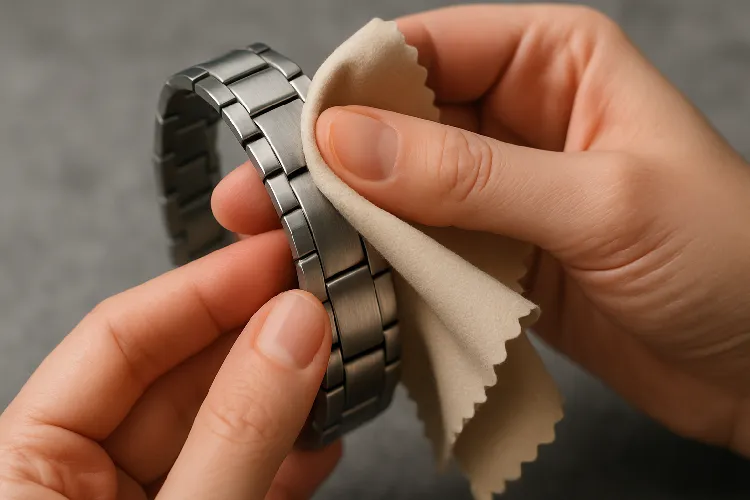 Cleaning titanium jewelry with a soft cloth. Cleaning titanium jewelry with a soft cloth.