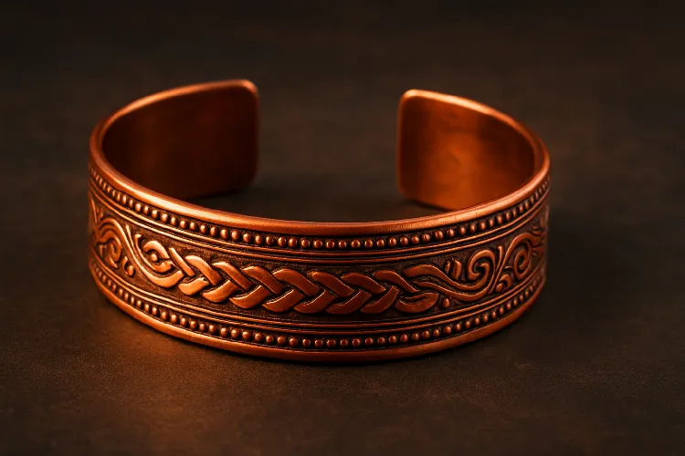 Intricate copper bracelet shining in warm light Intricate copper bracelet shining in warm light