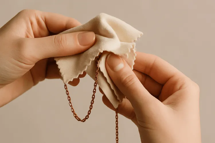 Cleaning copper jewelry with a soft cloth. Cleaning copper jewelry with a soft cloth.