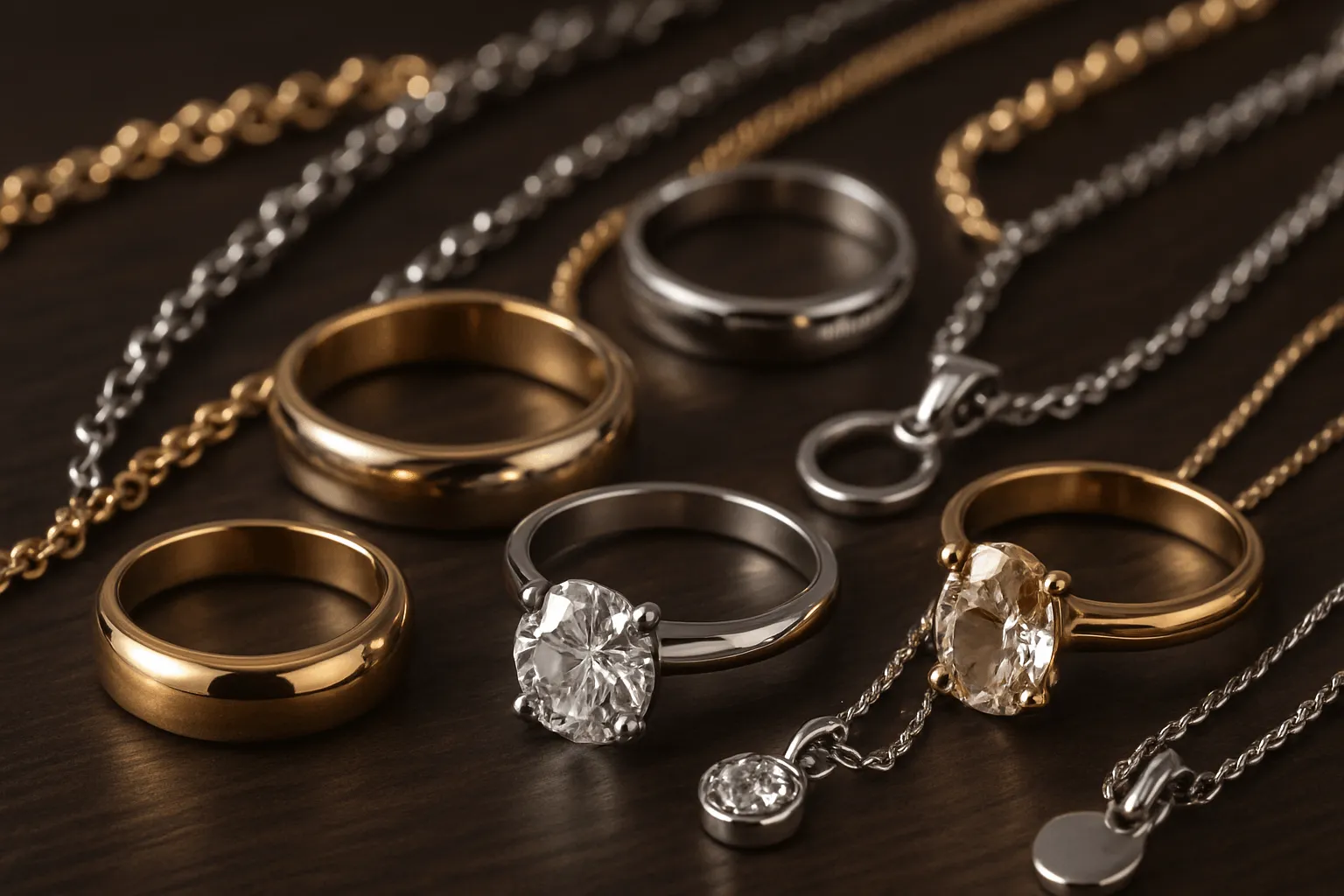A collection of shiny fashion jewelry including gold, silver, and stainless steel pieces.