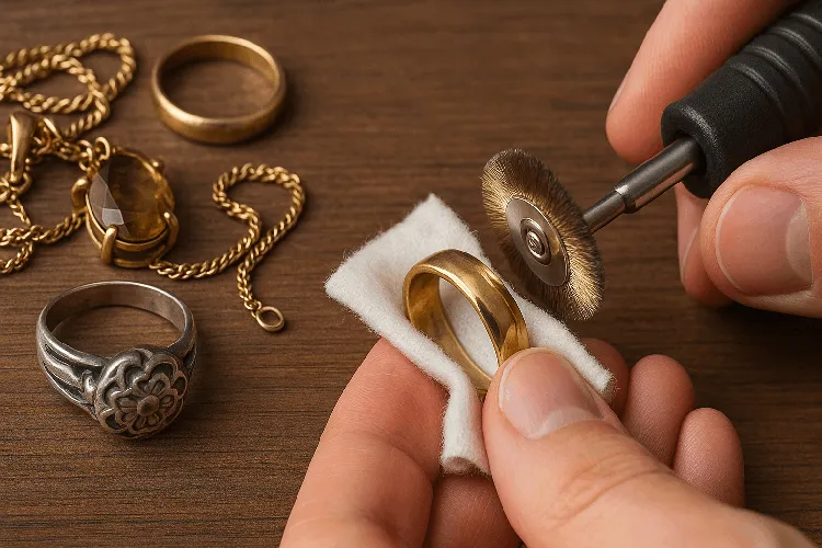 Polishing a tarnished silver bracelet to restore its shine Polishing a tarnished silver bracelet to restore its shine
