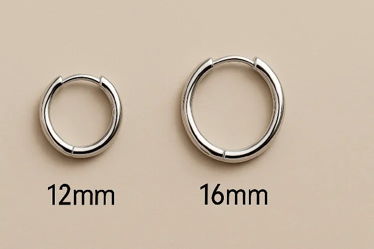 Side-by-side comparison of 12mm and 16mm earrings showing size difference. Side-by-side comparison of 12mm and 16mm earrings showing size difference.