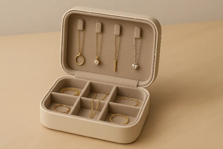 Innovative anti-tangle jewelry case keeping necklaces separated. Innovative anti-tangle jewelry case keeping necklaces separated.