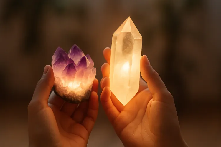 Hands holding crystals for spiritual balance Hands holding crystals for spiritual balance