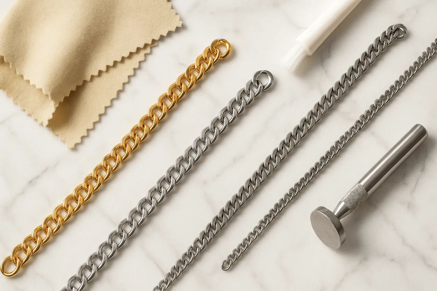 Shiny chain necklaces with cleaning tools