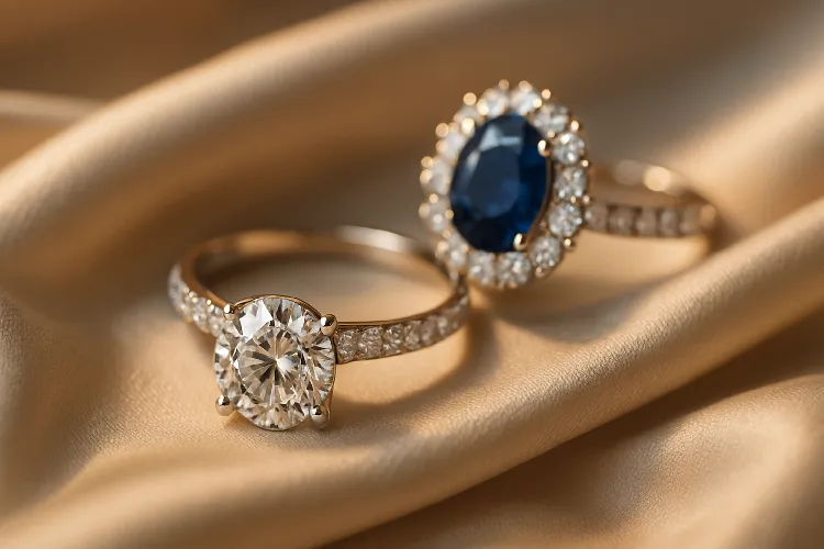 Diamond ring and sapphire jewelry on a silk background. Diamond ring and sapphire jewelry on a silk background.