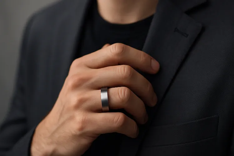 Stylish person wearing titanium wedding band Stylish person wearing titanium wedding band