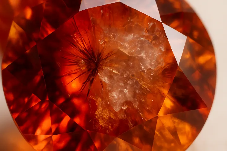 Close-up of a gemstone showing inclusions and vivid color for price factors. Close-up of a gemstone showing inclusions and vivid color for price factors.
