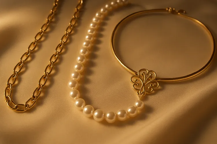 Different necklace styles in gold, pearl, and choker Different necklace styles in gold, pearl, and choker