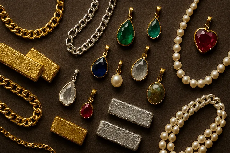 Jewelry materials like gold, silver, gemstones, and pearls Jewelry materials like gold, silver, gemstones, and pearls
