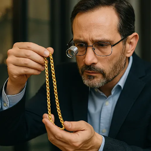 The jeweler appraised the gold necklace The jeweler appraised the gold necklace
