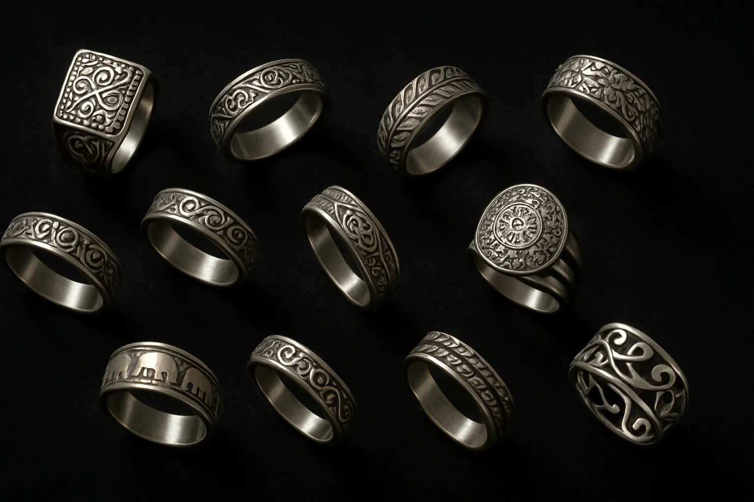 Selected stainless steel rings on display