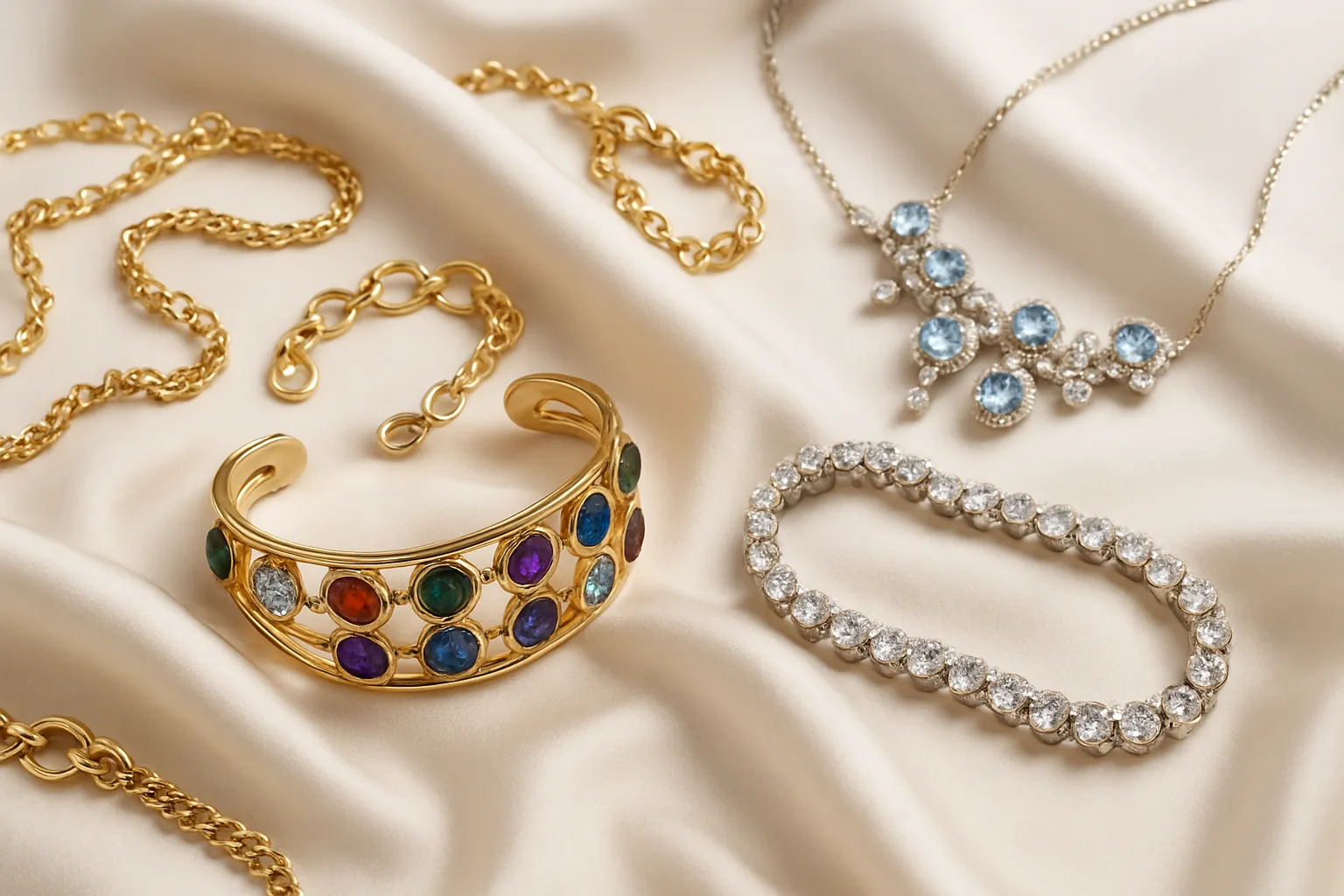 Sparkling costume jewelry on a luxurious cloth