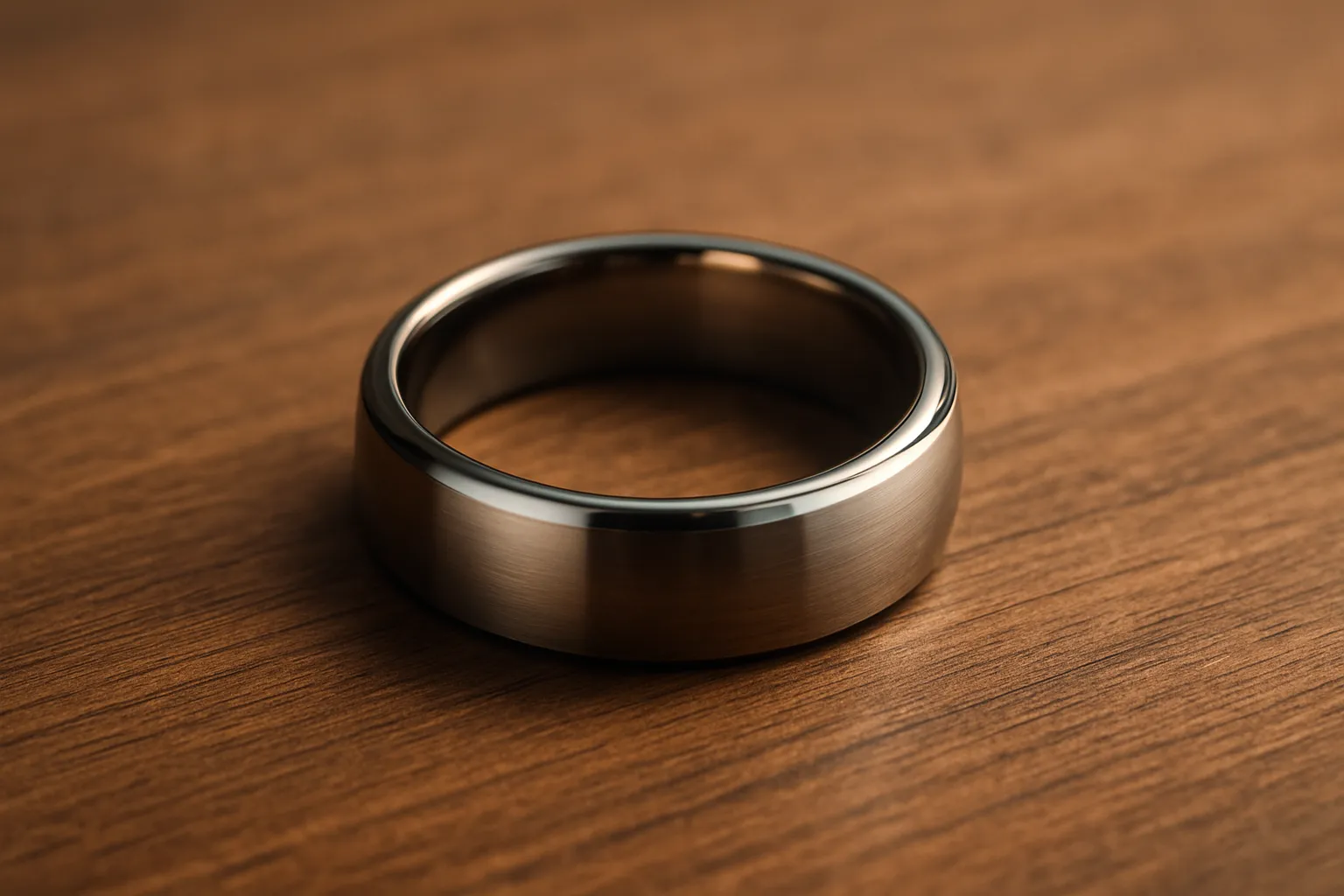 Titanium wedding band on a wooden surface