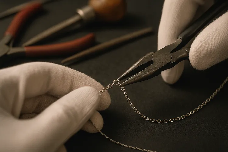 Professional jeweler resizing a necklace Professional jeweler resizing a necklace