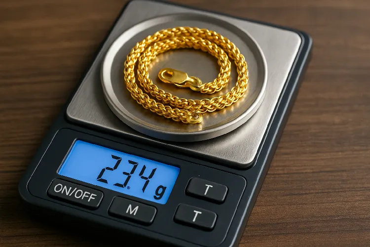 Weighing a gold necklace to determine its value Weighing a gold necklace to determine its value