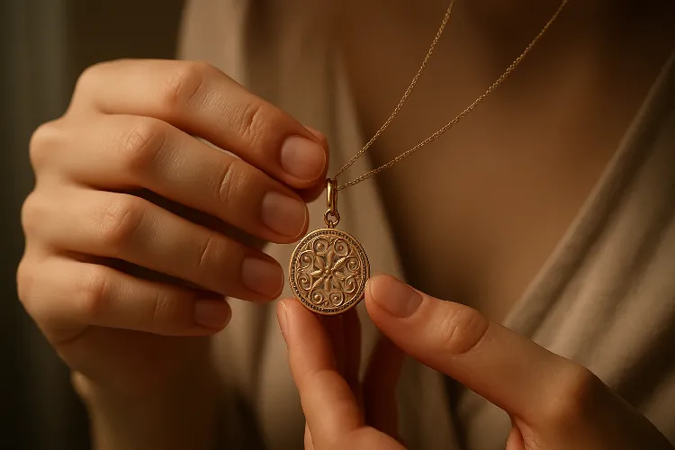 Close-up of a necklace and pendant held delicately Close-up of a necklace and pendant held delicately