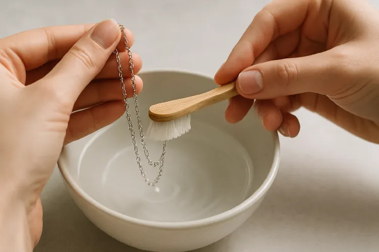 Cleaning a chain necklace with a toothbrush Cleaning a chain necklace with a toothbrush