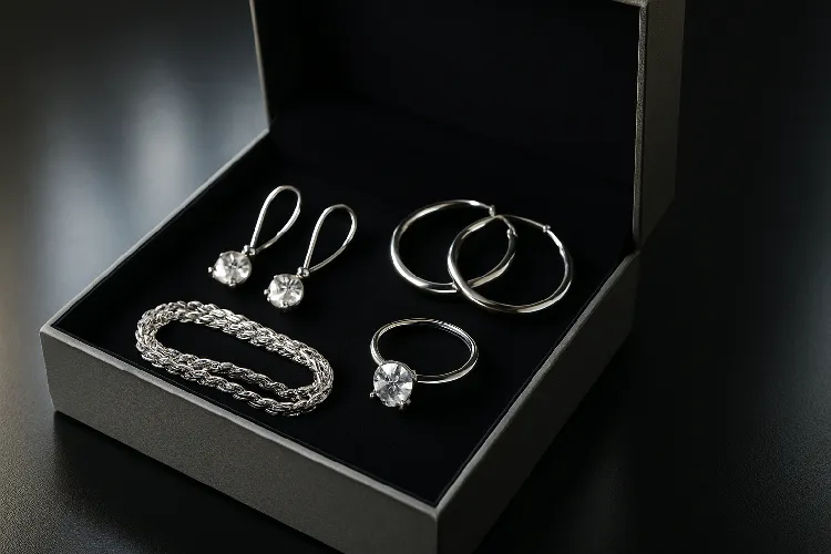 Luxury silver jewelry in a beautiful gift box Luxury silver jewelry in a beautiful gift box