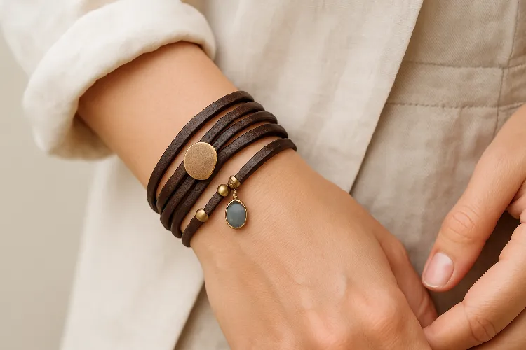 Leather wrap bracelet wrapped multiple times around a wristed appeal Leather wrap bracelet wrapped multiple times around a wrist
