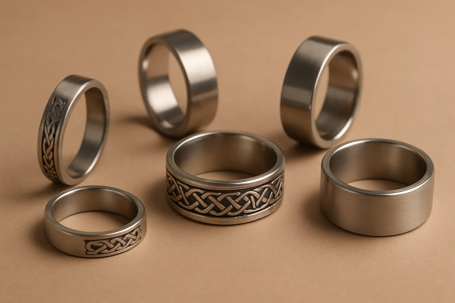 Elegant stainless steel rings with Celtic designs and custom craftsmanship