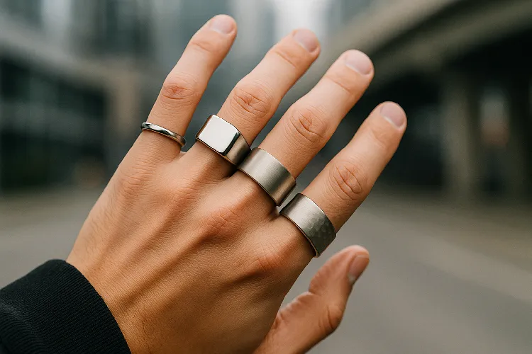 A close-up of the hand wearing a stainless steel ring A close-up of the hand wearing a stainless steel ring