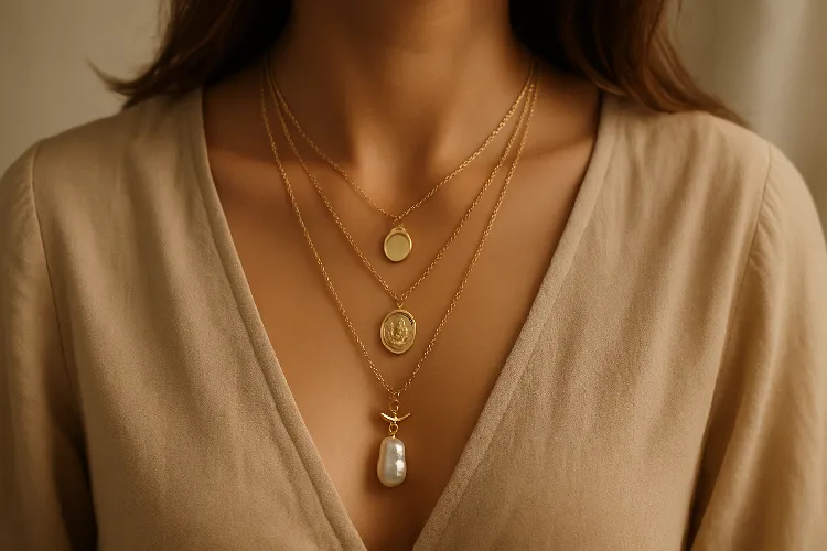 Layered necklaces with multiple pendants styled together Layered necklaces with multiple pendants styled together