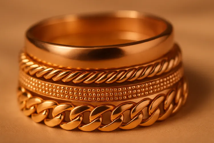 Gold and rose gold bracelet stack. Gold and rose gold bracelet stack.