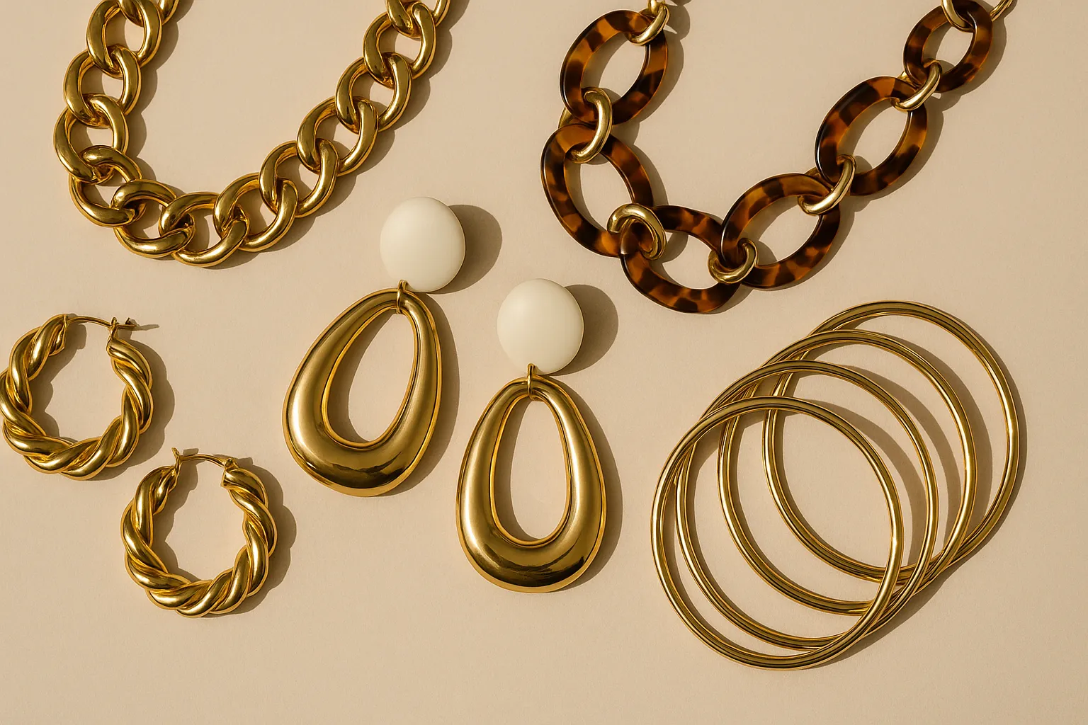 Bold statement jewelry flat lay