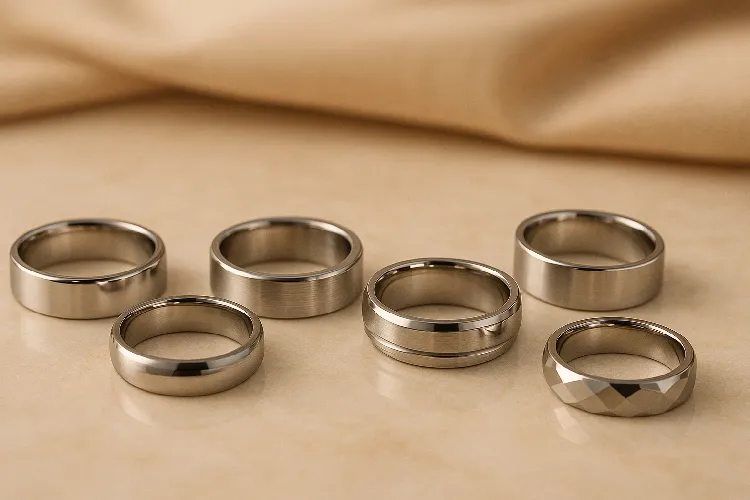 A collection of stainless steel rings with various designs. A collection of stainless steel rings with various designs.