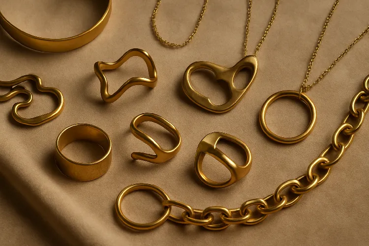 Variety of beautiful brass jewelry displayed Variety of beautiful brass jewelry displayed
